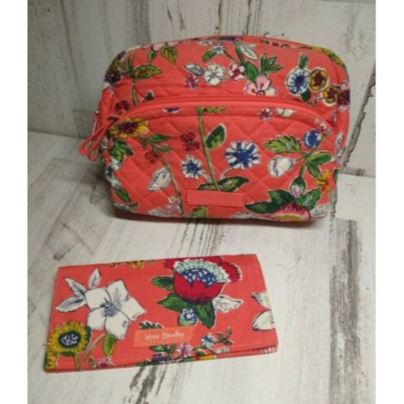 VERA BRADLEY Iconic Floral Coral Medium Zip Cosmetic Bag AND Checkbook Cover LOT - Picture 1 of 8